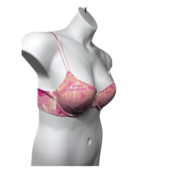 Juicy Couture All Over Logo Spell Out 36C Padded Underwire Pushup Bra Pink - Picture 2 of 7